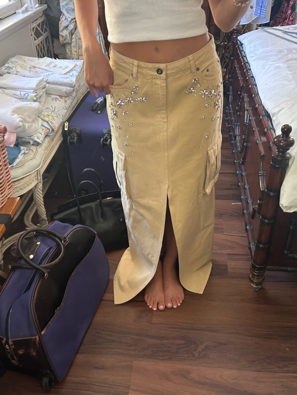 Self - Portrait Diamond Embellished Cargo Maxi Skirt